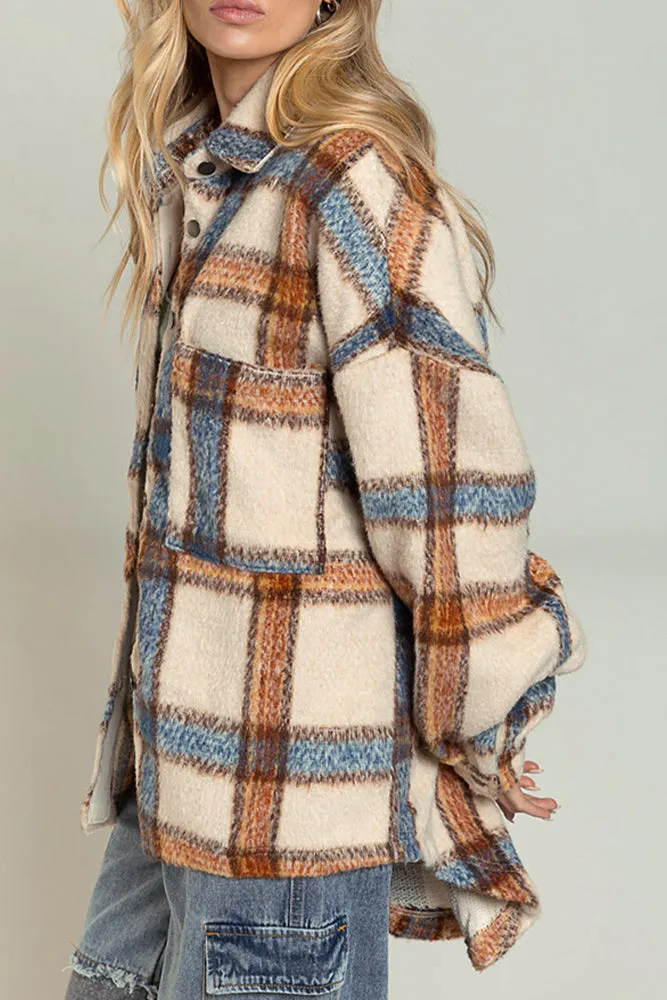 Khaki Plaid Open Button Pockets Winter Outfits Coat