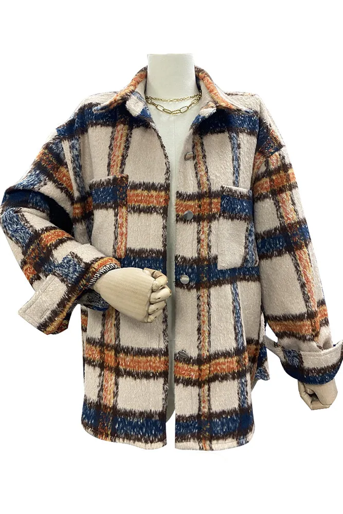 Khaki Plaid Open Button Pockets Winter Outfits Coat