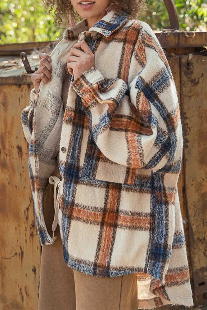 Khaki Plaid Open Button Pockets Winter Outfits Coat