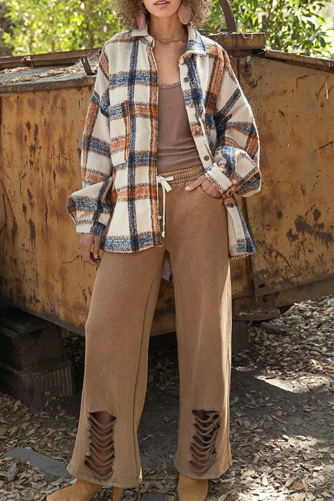 Khaki Plaid Open Button Pockets Winter Outfits Coat