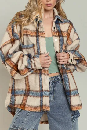 Khaki Plaid Open Button Pockets Winter Outfits Coat