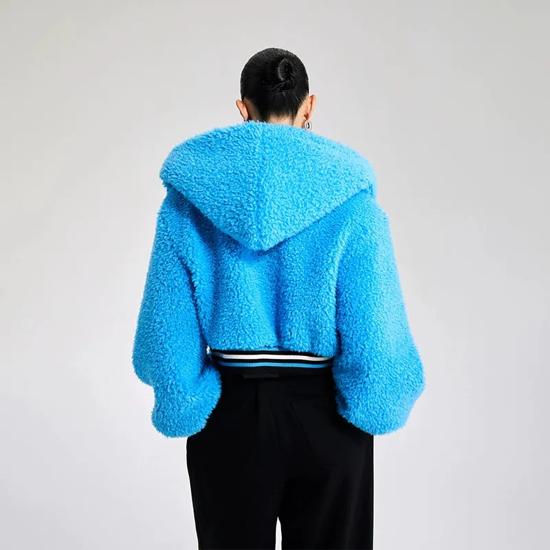 LEDI W croped winter faux lambwool blue fuzz coat - Llege