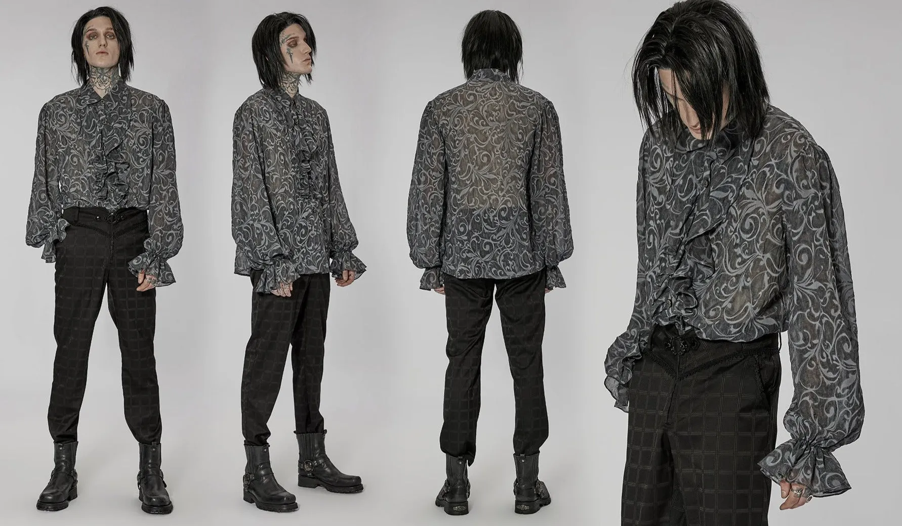Men Autumn Winter Goth Light Chiffon Fabric Loose Embossed Shirt