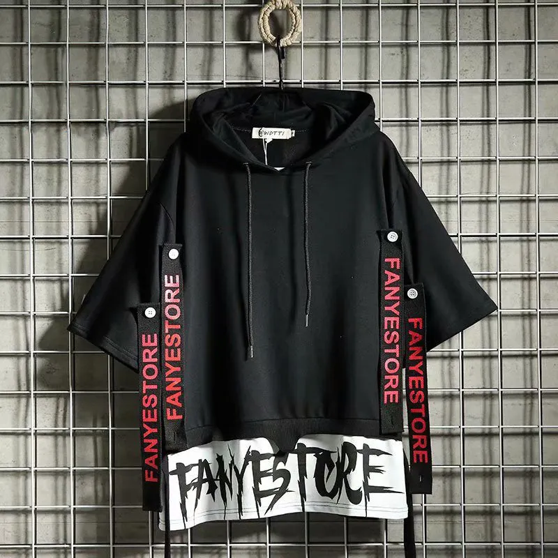 Men's Hoodies Sweatshirt Autumn Casual Black Techwear Hip Hop Harajuku Hoodie Men Ribbons Patchwork Japanese Streetwear Darkwear