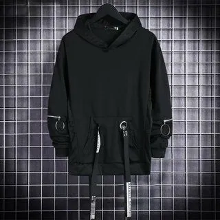 Men's Hoodies Sweatshirt Autumn Casual Black Techwear Hip Hop Harajuku Hoodie Men Ribbons Patchwork Japanese Streetwear Darkwear