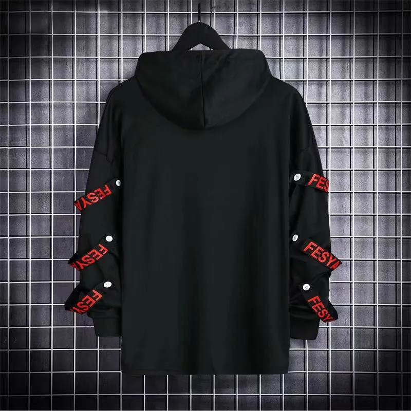 Men's Hoodies Sweatshirt Autumn Casual Black Techwear Hip Hop Harajuku Hoodie Men Ribbons Patchwork Japanese Streetwear Darkwear