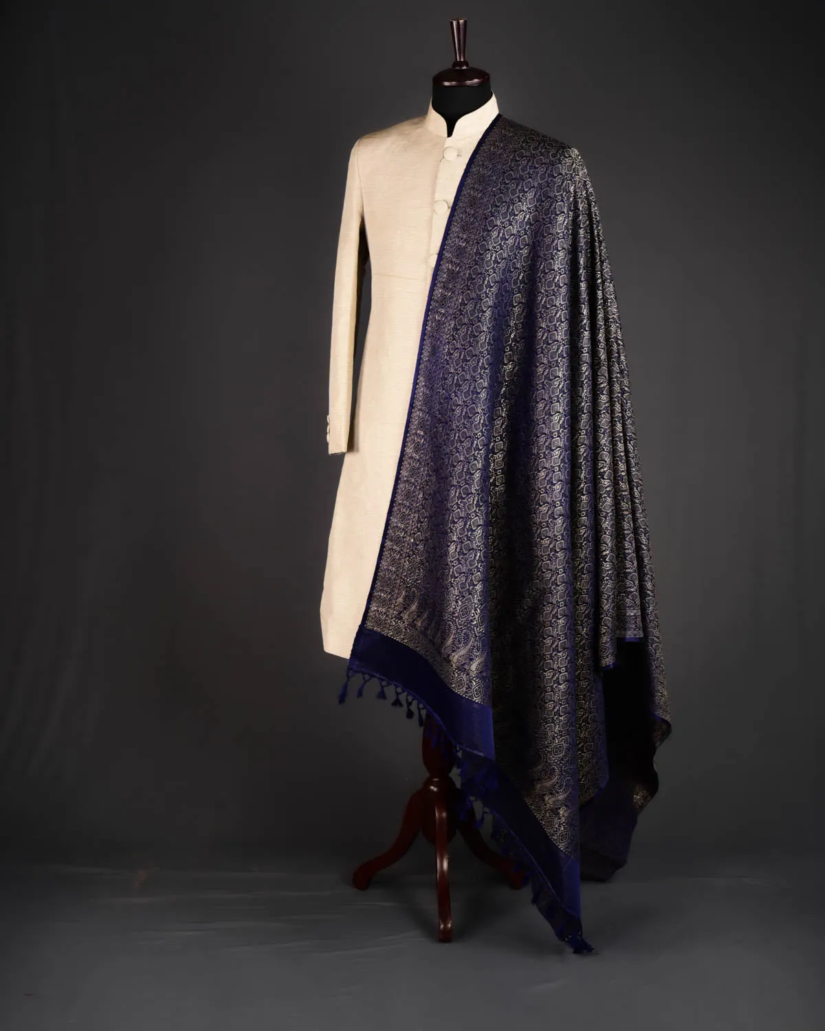 Navy Blue Banarasi Gold Zari Bridal Jamawar Handwoven Silk-Wool Shawl