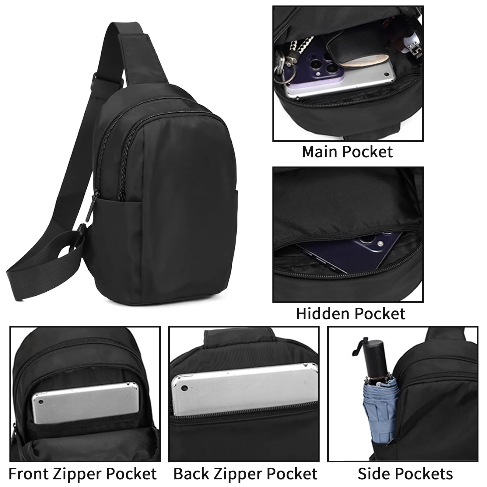 Ogetok Small Crossbody Purse Bags, Black Mini Sling Chest Bag for Men Women, Waterproof Small Cross Body Phone Bag, Lightweight Casual Sling Daypack for Sport Workout Travelling Hiking