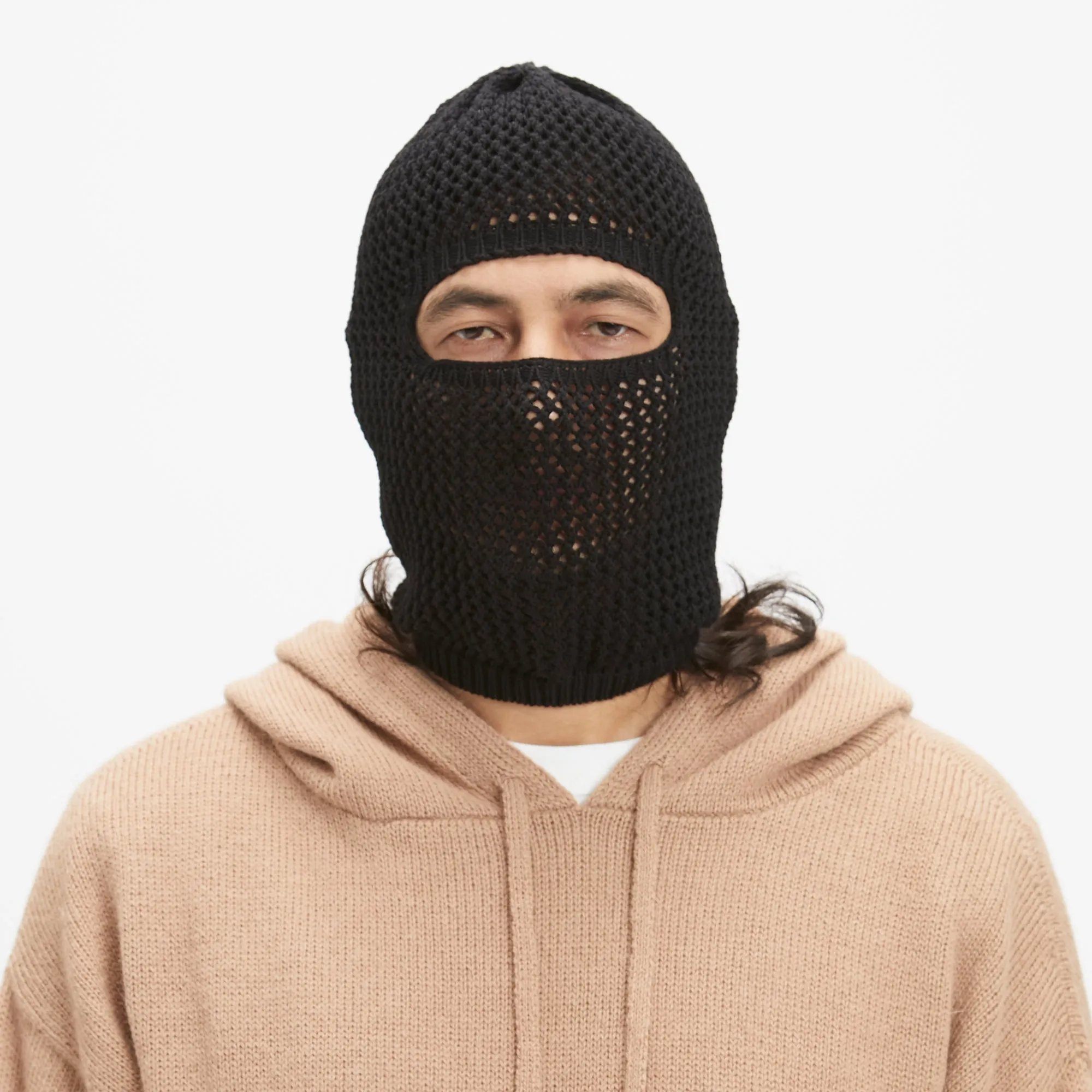 Open Knit Ski Mask - Black Cotton