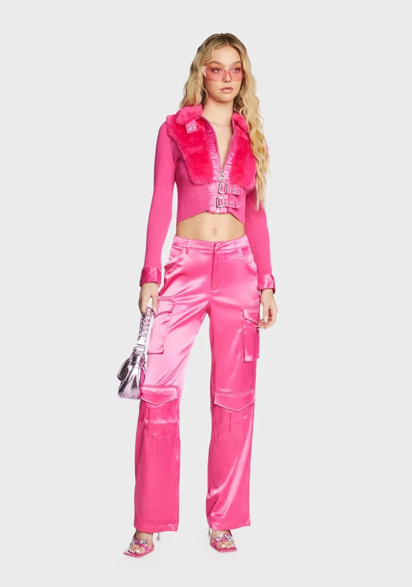 Pink Satin Cargo Pants
