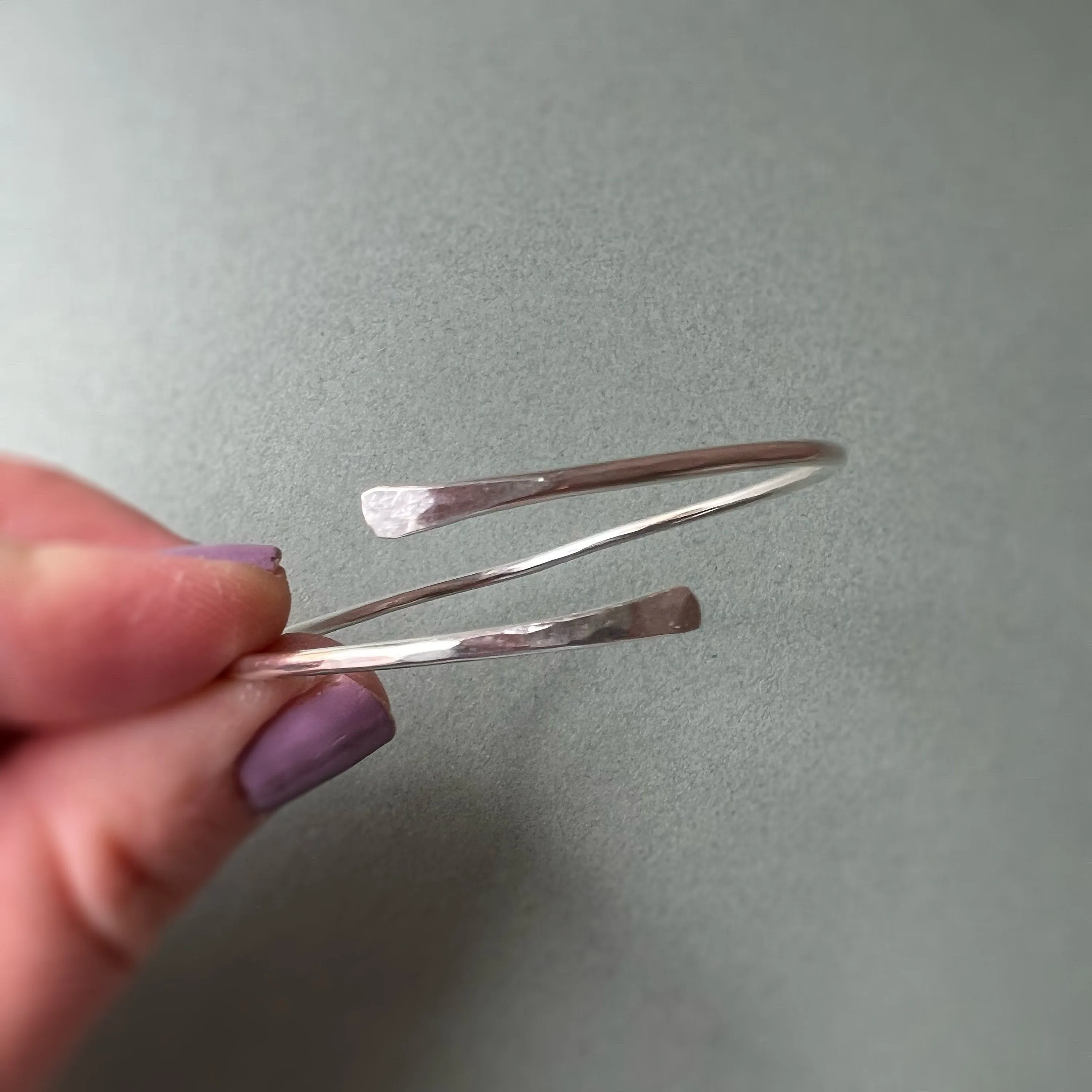 Piper Hammered Wrap Bangle, adjustable sterling bracelet, minimal dainty layering bracelet