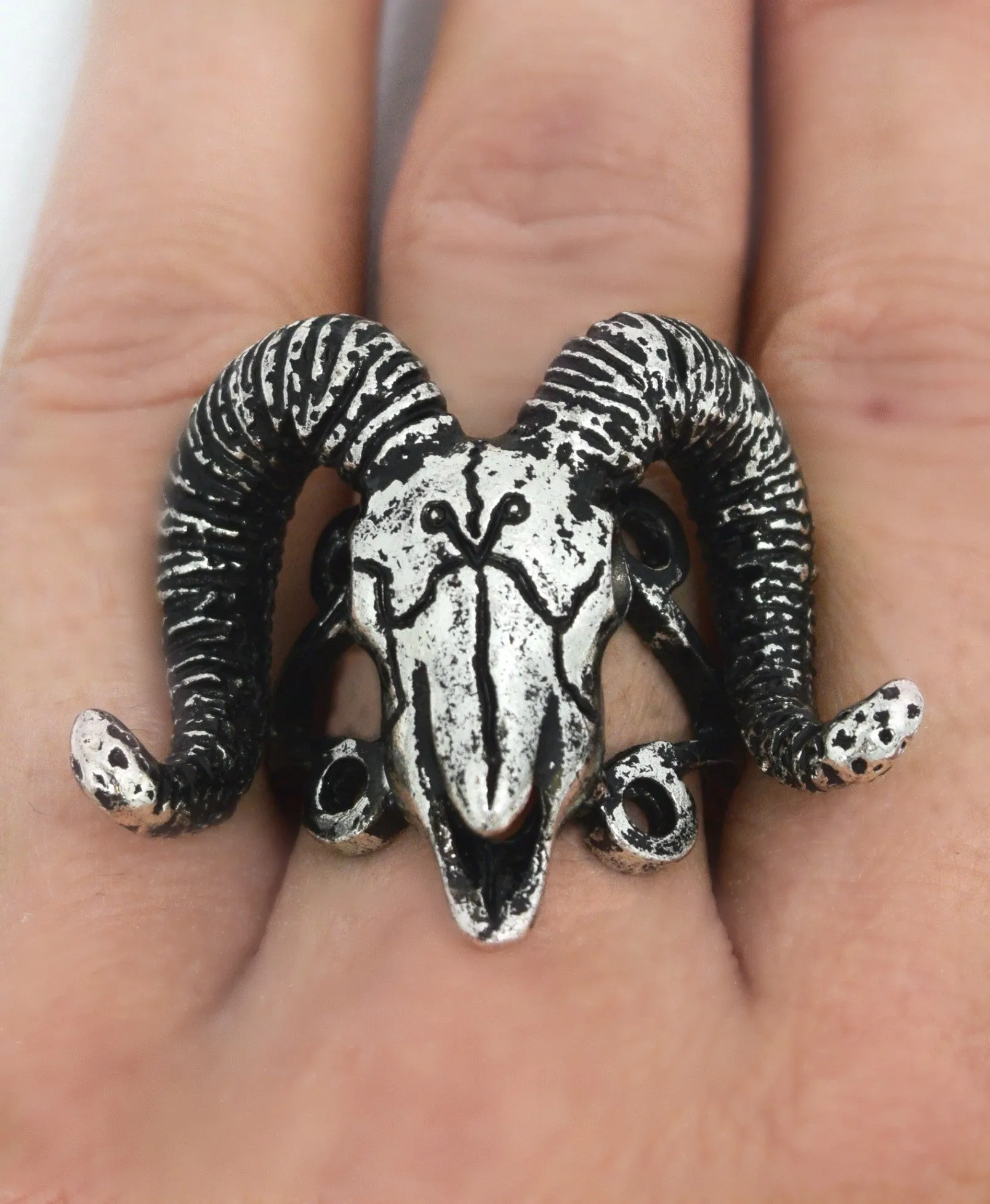 Restyle Gothic Jewelry skull ram and Arsenic Symbol Gothic Occult Ring