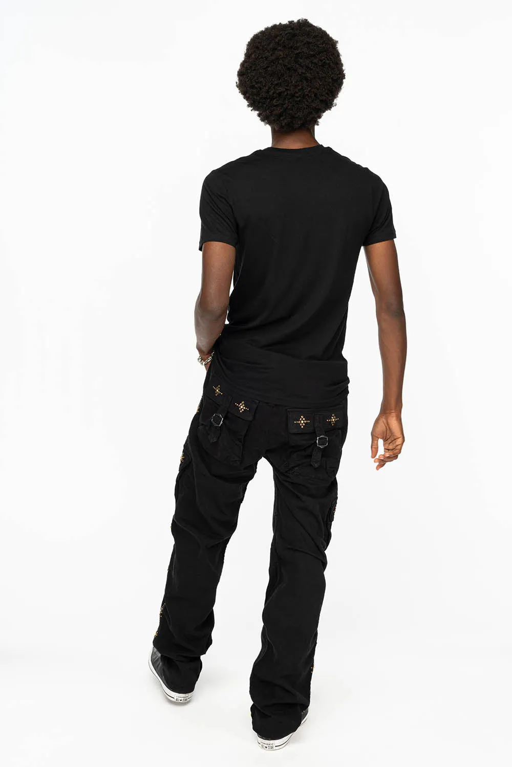 ROBINS NEW MILITARY STYLE CARGO PANTS IN BLACK WITH WITH GUNSLINGER CRYSTAL MOTIF