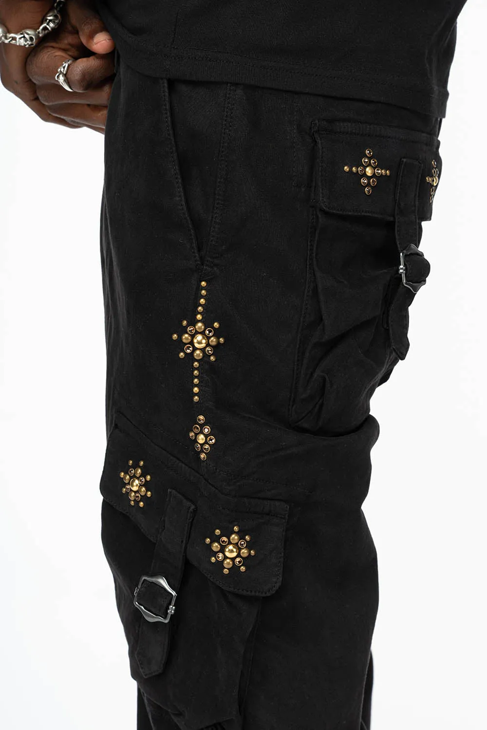 ROBINS NEW MILITARY STYLE CARGO PANTS IN BLACK WITH WITH GUNSLINGER CRYSTAL MOTIF