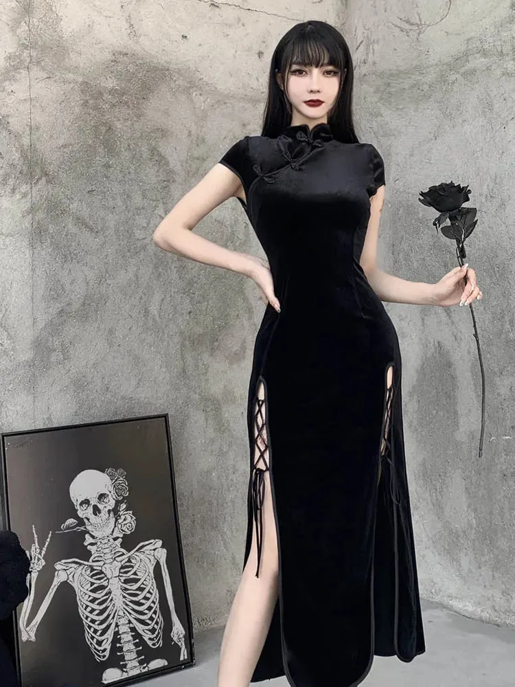 Romantic Gothic Aesthetic Vintage Black Sexy Evening Cheongsam Midi Dresses