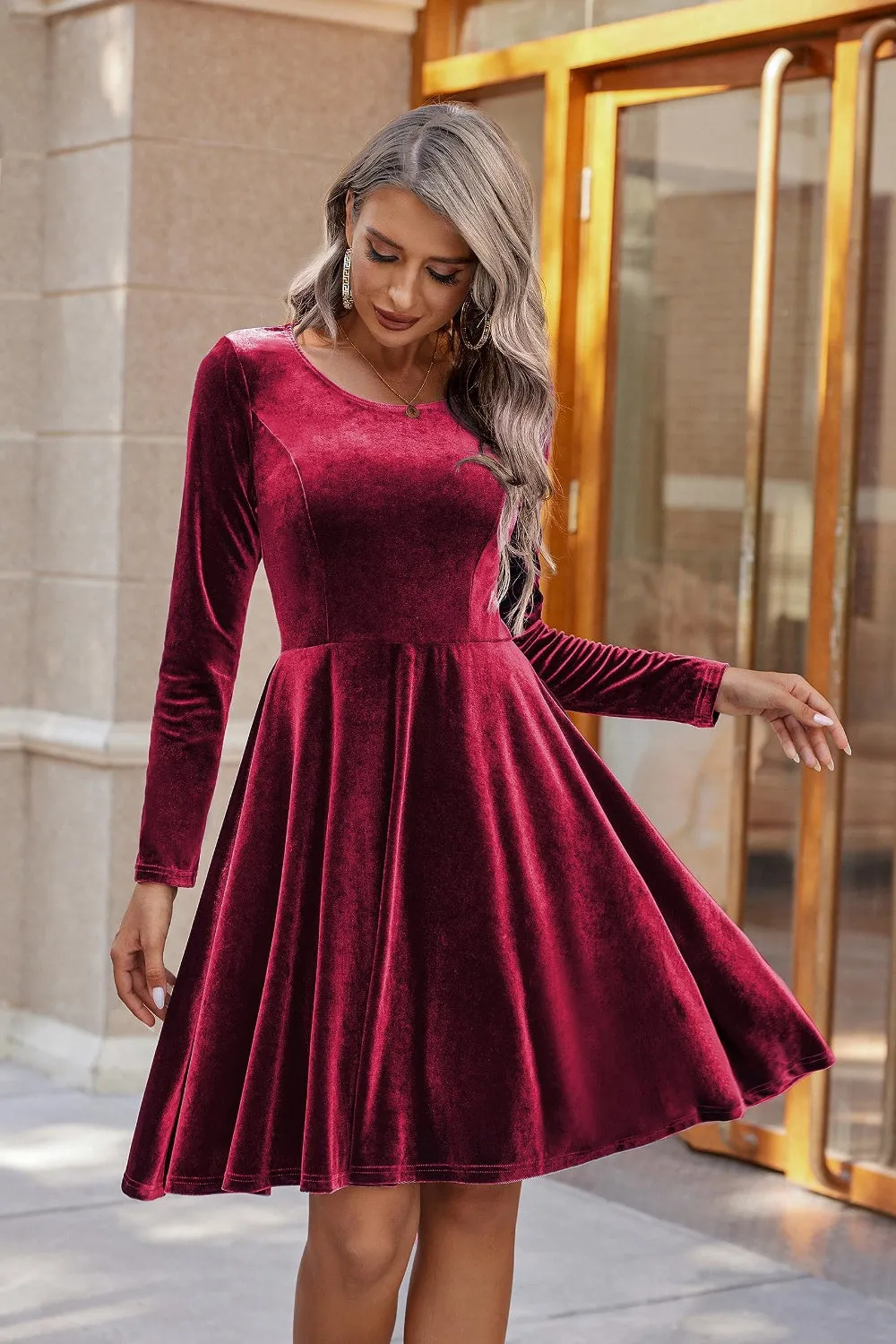 Round Neck Long Sleeve Knee Length Dress | Winter Dresses | Holiday Dress
