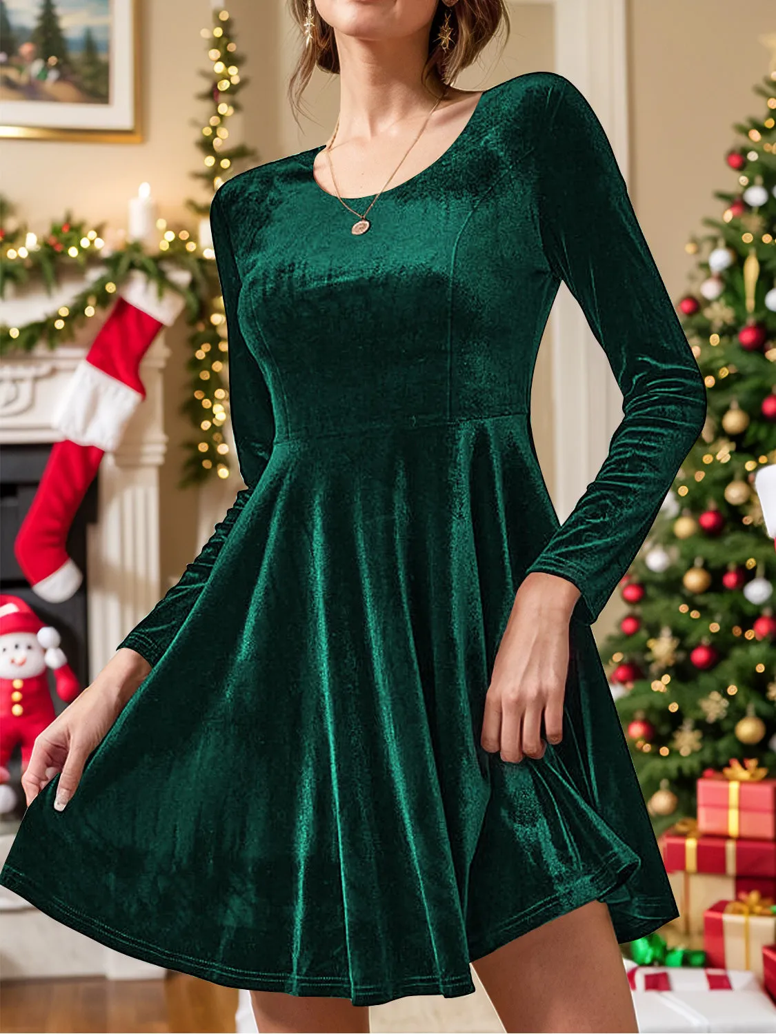 Round Neck Long Sleeve Knee Length Dress | Winter Dresses | Holiday Dress