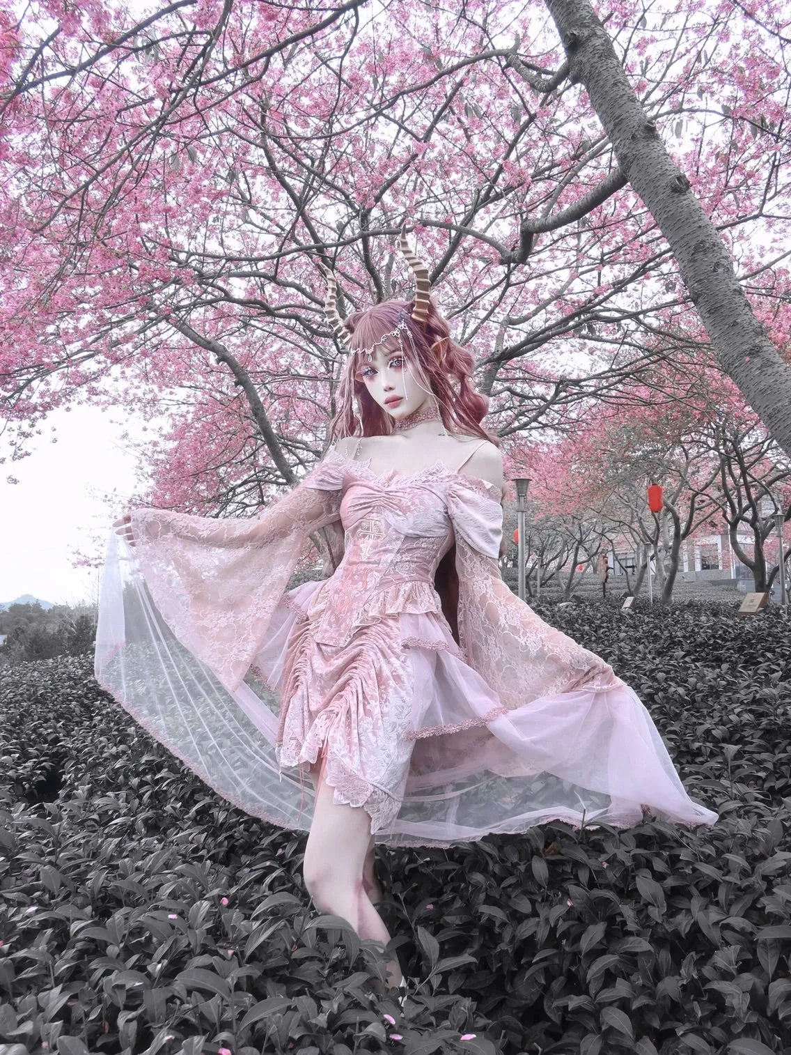 Sakura Dream Velvet Corset Top With Sleeves