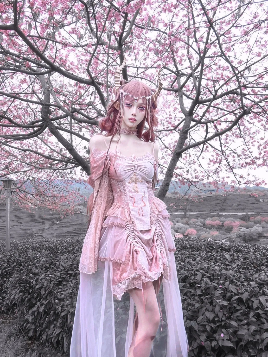 Sakura Dream Velvet Corset Top With Sleeves