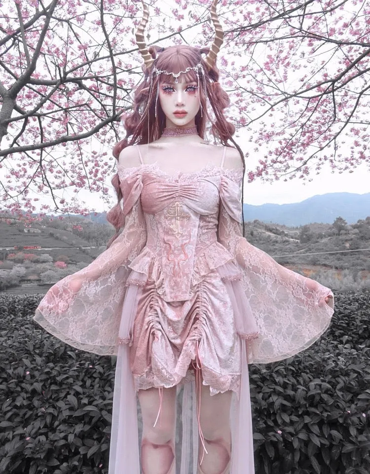 Sakura Dream Velvet Corset Top With Sleeves