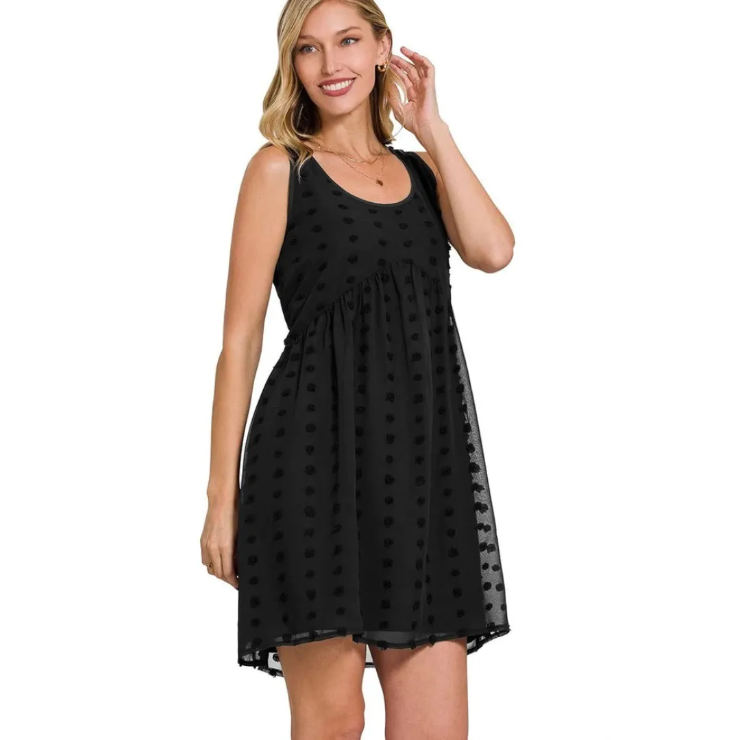 Sleeveless Swiss Dot Dress, Black