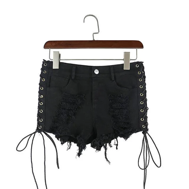 'Torn Apart' Black Gothic Lace up Shorts