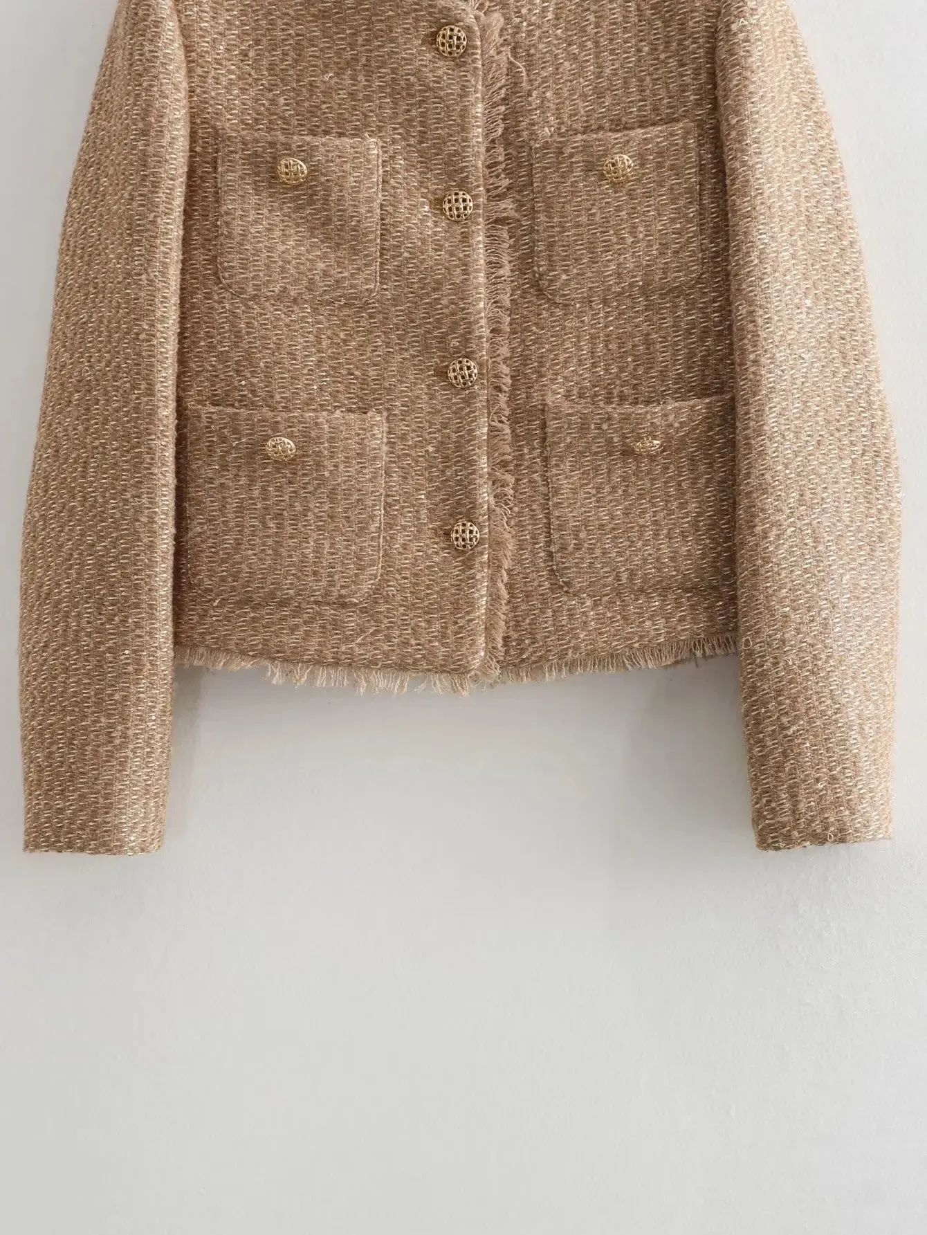 Trafza Herbst mode Damen Tweed Knopf kurze Jacke Langarm Kamel Jacken Mäntel Frauen ausgefranste kurze Frau elegante Jacke