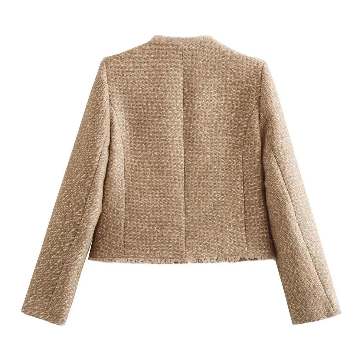 Trafza Herbst mode Damen Tweed Knopf kurze Jacke Langarm Kamel Jacken Mäntel Frauen ausgefranste kurze Frau elegante Jacke