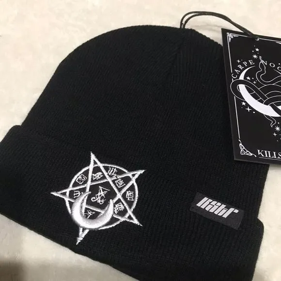 Unisex Black Beanie Hat with White Pentagram Goth Grunge