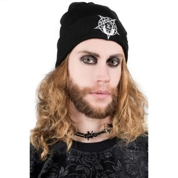 Unisex Black Beanie Hat with White Pentagram Goth Grunge