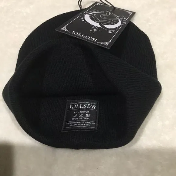 Unisex Black Beanie Hat with White Pentagram Goth Grunge