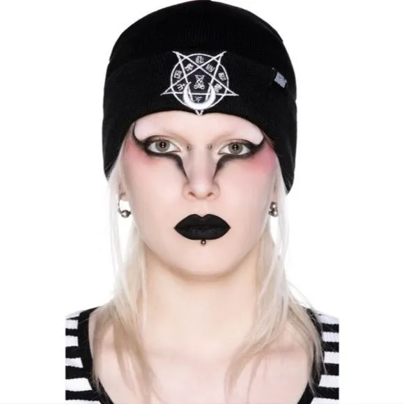 Unisex Black Beanie Hat with White Pentagram Goth Grunge