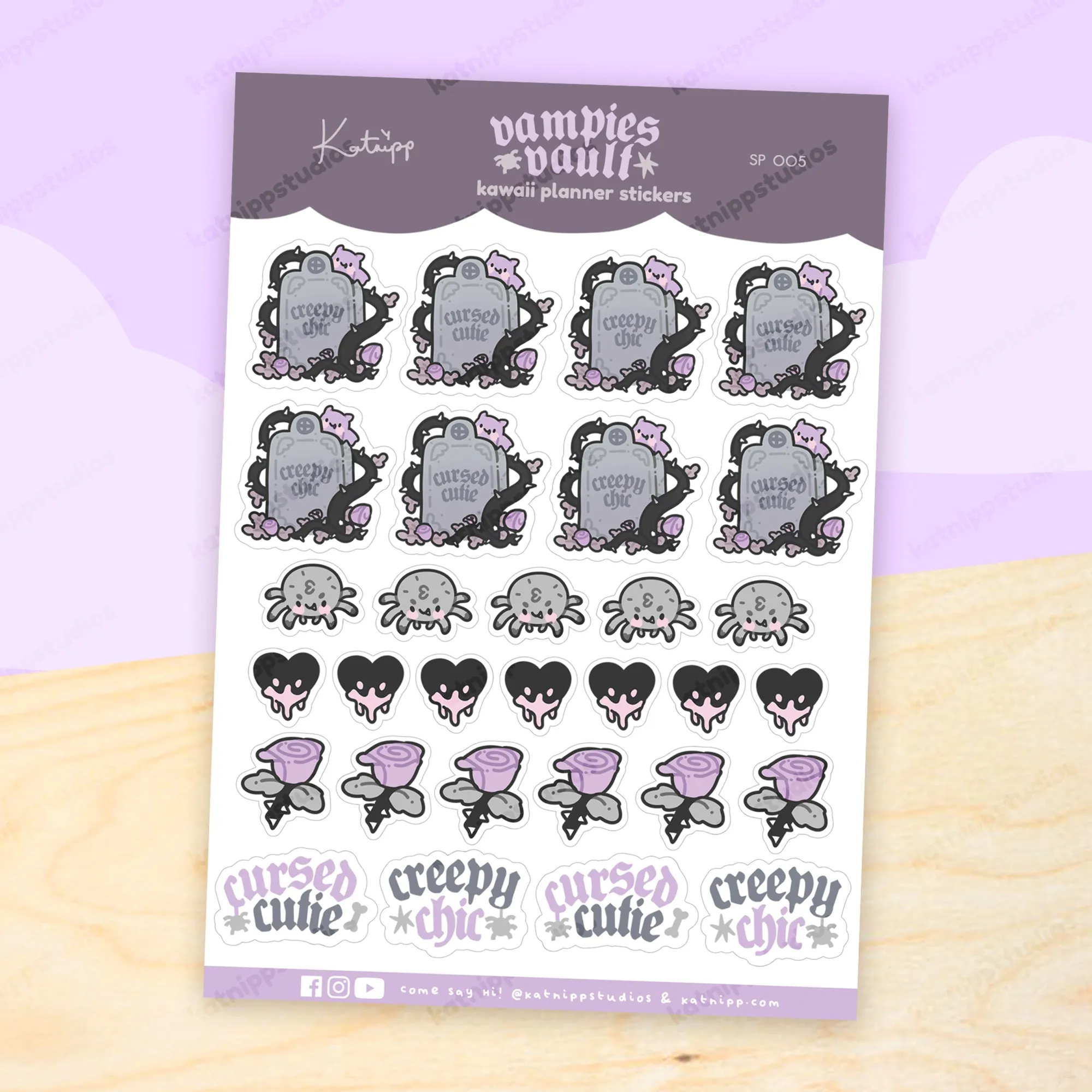Vampies Vault A6 Sticker Sheet | Gothic Halloween Stickers | Spooky Headstones, Fluffy the Spider & Kawaii Gothic Designs | SP005