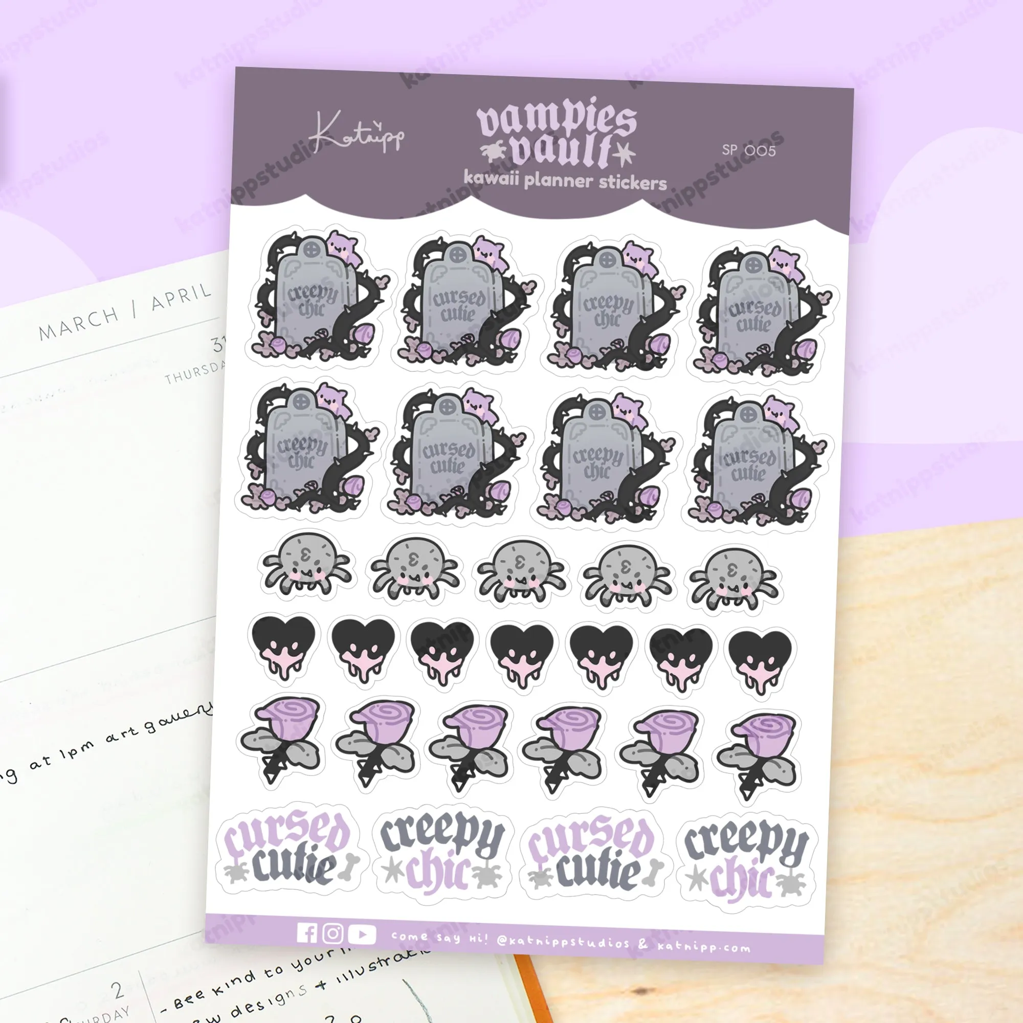 Vampies Vault A6 Sticker Sheet | Gothic Halloween Stickers | Spooky Headstones, Fluffy the Spider & Kawaii Gothic Designs | SP005