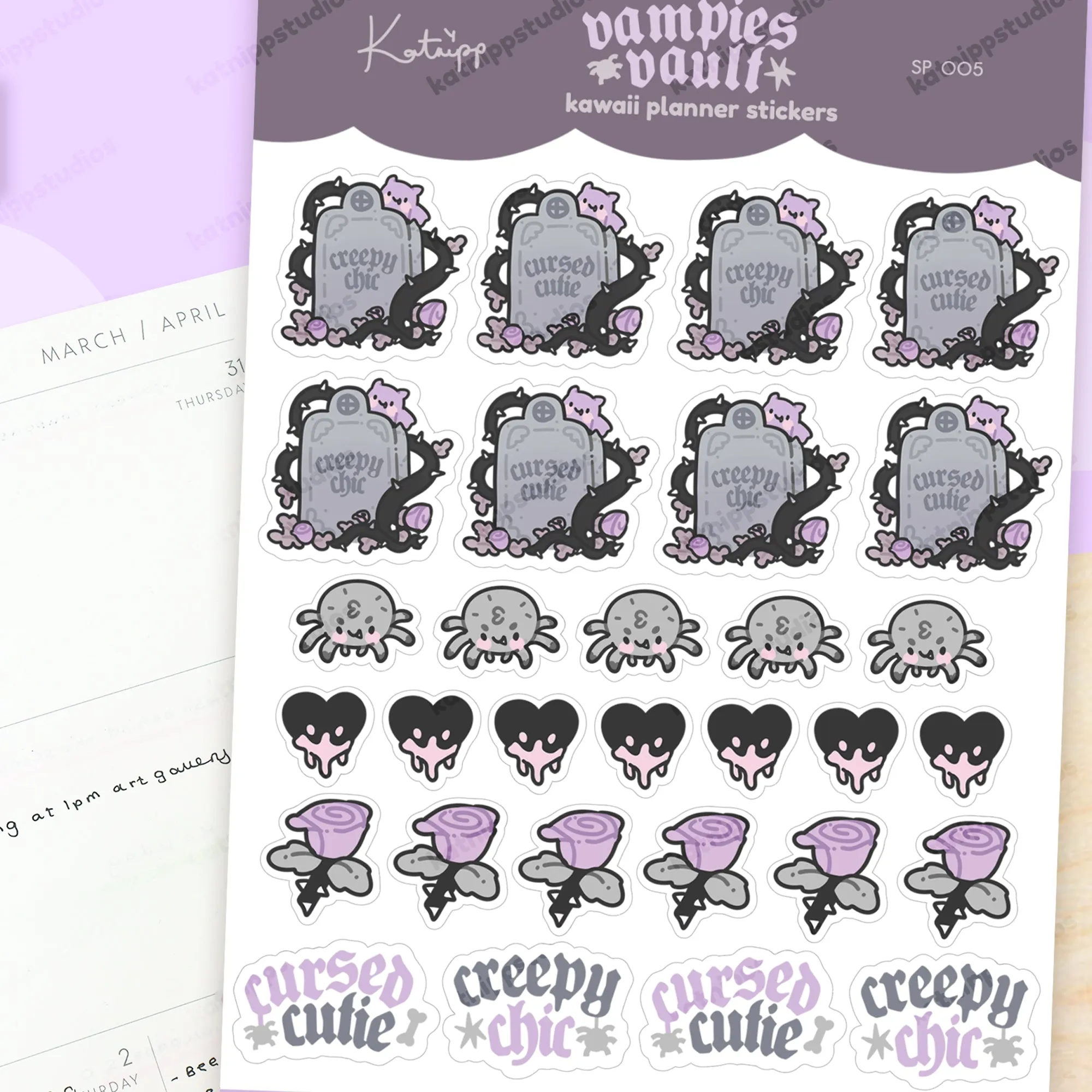 Vampies Vault A6 Sticker Sheet | Gothic Halloween Stickers | Spooky Headstones, Fluffy the Spider & Kawaii Gothic Designs | SP005