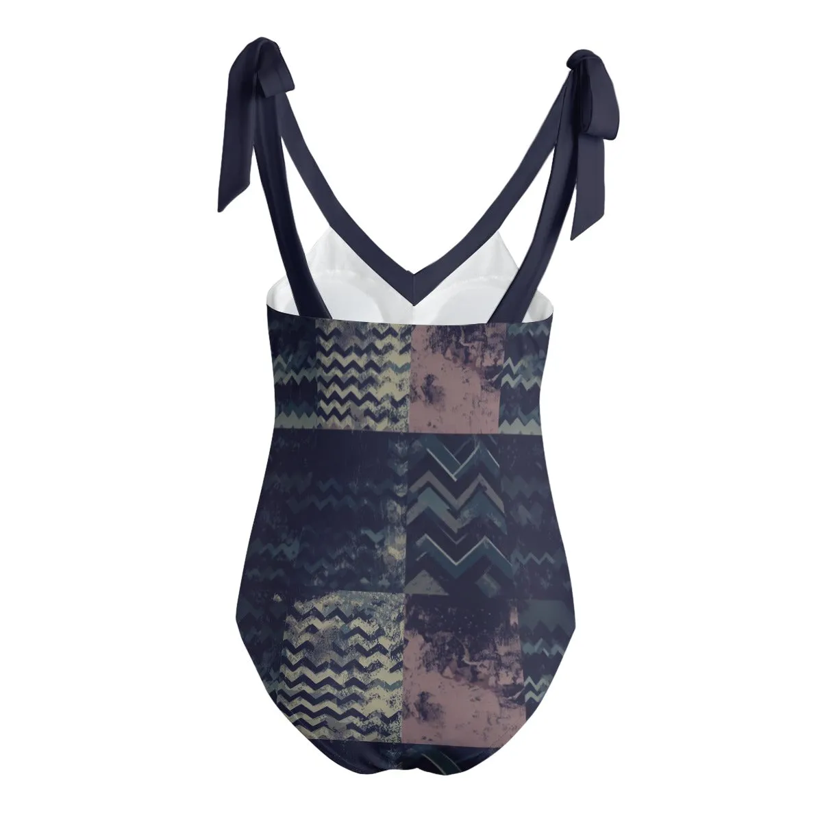 Vampire Art Grunge Patchwork Women's Tie Shoulder One-piece Padded Swimsuit - Herringbone