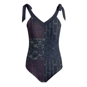 Vampire Art Grunge Patchwork Women's Tie Shoulder One-piece Padded Swimsuit - Rusty Chains