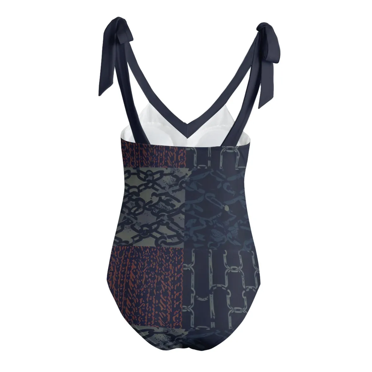 Vampire Art Grunge Patchwork Women's Tie Shoulder One-piece Padded Swimsuit - Rusty Chains