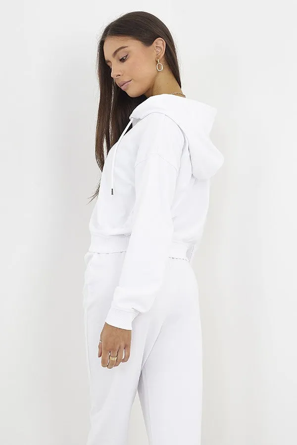 WHITE CROPPED ZIP THROUGH HOODED SWEATSHIRT