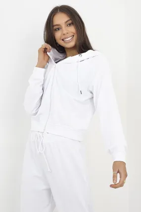 WHITE CROPPED ZIP THROUGH HOODED SWEATSHIRT