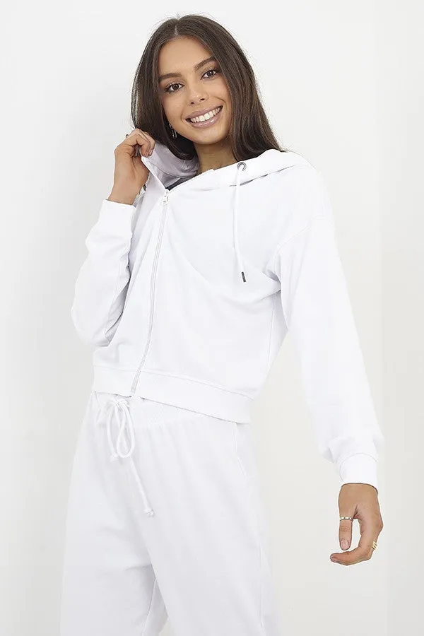 WHITE CROPPED ZIP THROUGH HOODED SWEATSHIRT