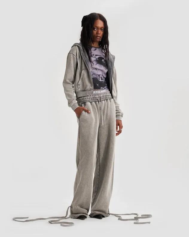 Wide Leg Adjustable Joggers In Stone Washed Grey