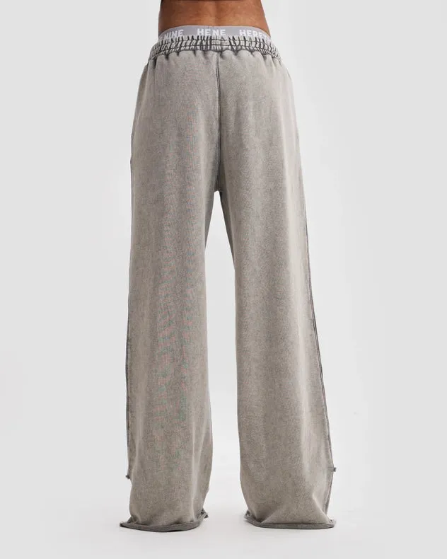 Wide Leg Adjustable Joggers In Stone Washed Grey