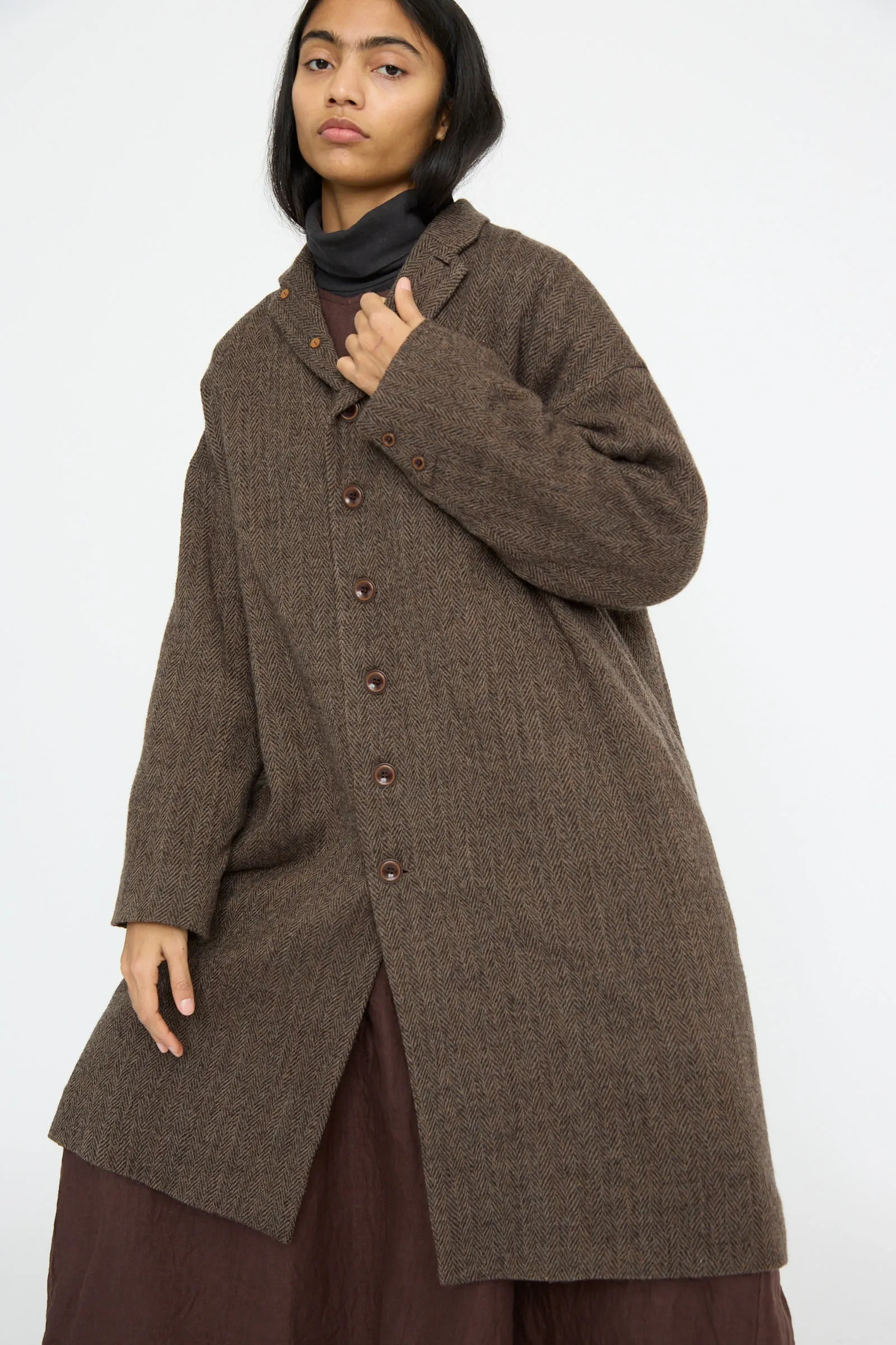 Wool Herringbone Coat in Brown