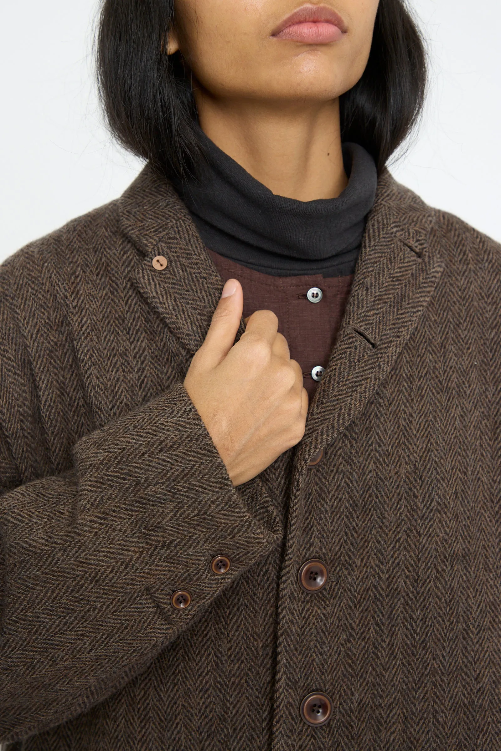 Wool Herringbone Coat in Brown
